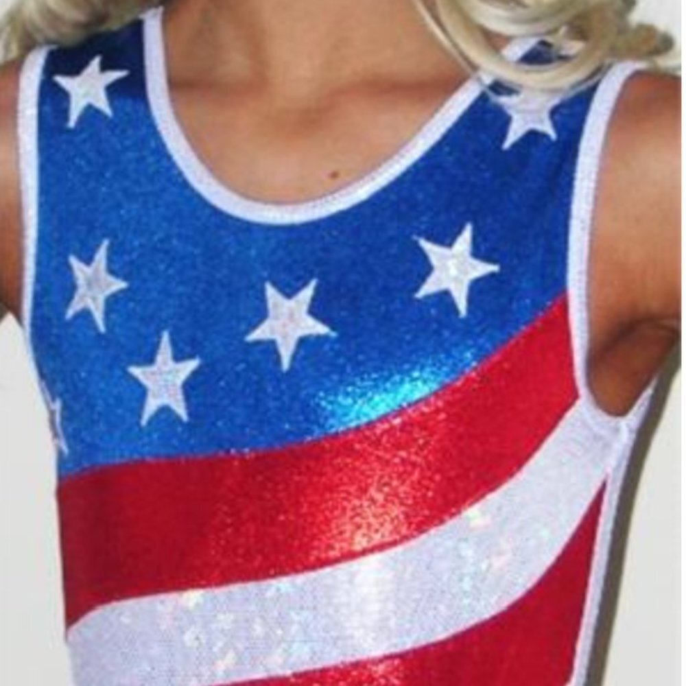 ACE-101 Patriotic Leotard red & royal blue mystique shine || Child Med EUC